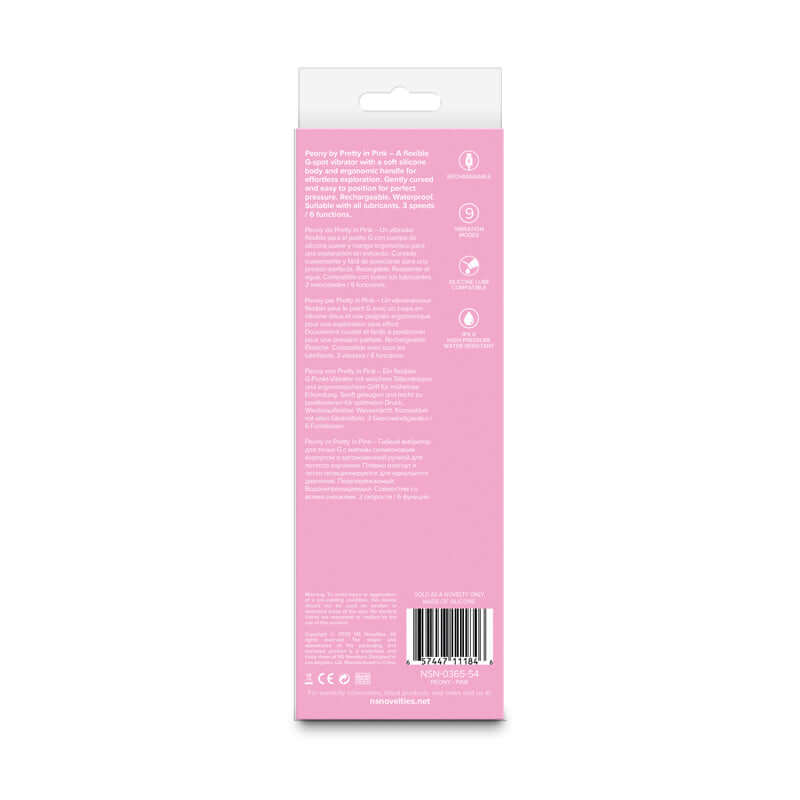 Pretty in Peony packaging showing features of the 19.8 cm USB rechargeable G-spot vibrator.