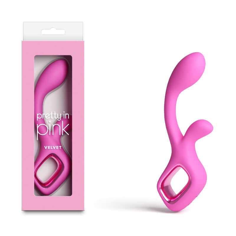 Pretty in Pink Velvet USB rechargeable rabbit vibrator in packaging, featuring sleek design and vibrant color.