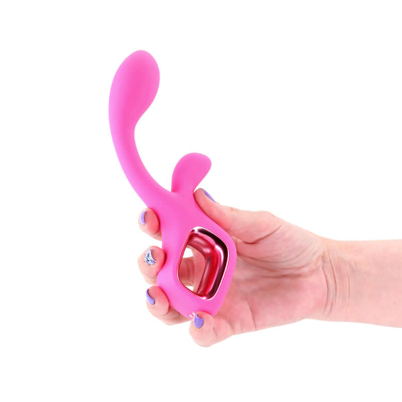 USB rechargeable rabbit vibrator held in hand, smooth silicone design, contoured for G-spot stimulation.