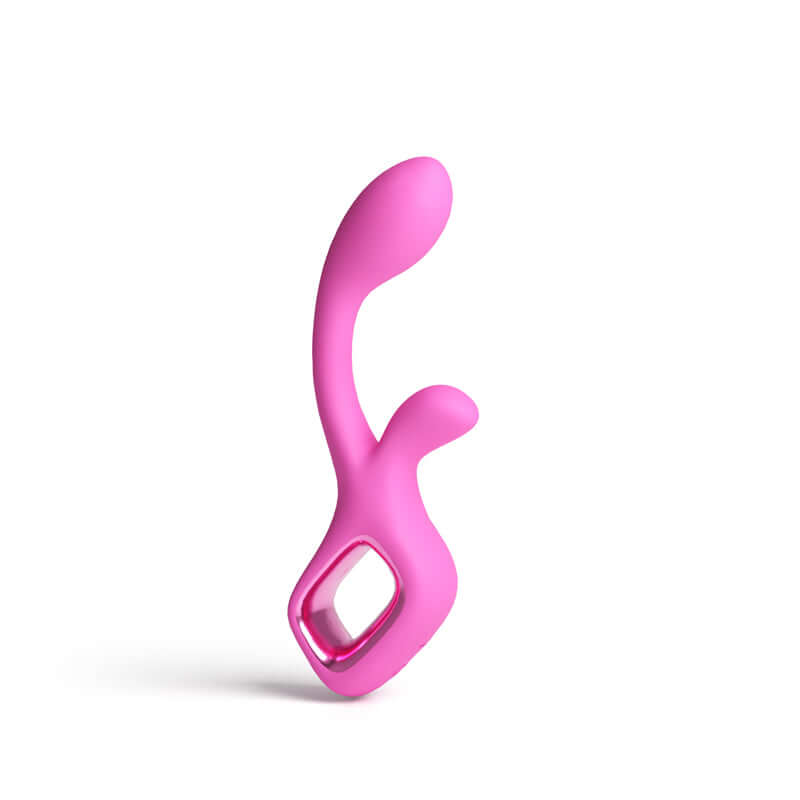 Pretty in Velvet - 18.7 cm USB rechargeable rabbit vibrator in pink silicone with G-spot curve.
