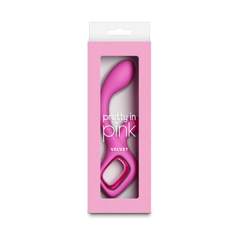 Pretty in Pink Velvet USB rechargeable rabbit vibrator in packaging, showcasing sleek design and vibrant color.