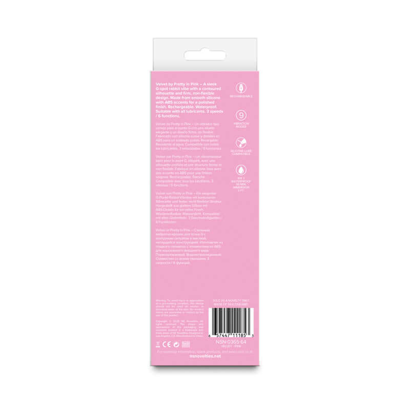 Back packaging of the Pretty in Velvet 18.7 cm USB rechargeable rabbit vibrator with product information.