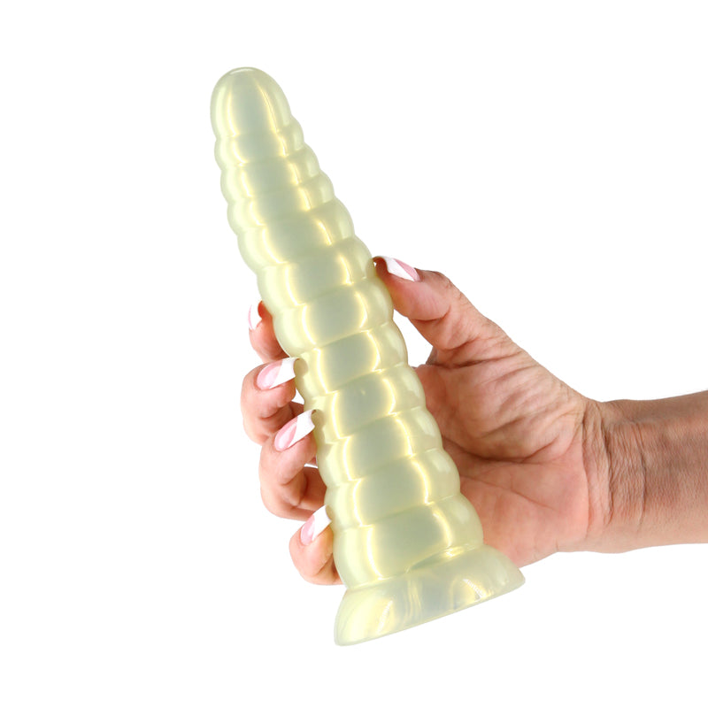 Fantasia - Nymph - Amber - Amber 18.9 cm Dildo held in hand, showcasing its flexible and visually exciting design.