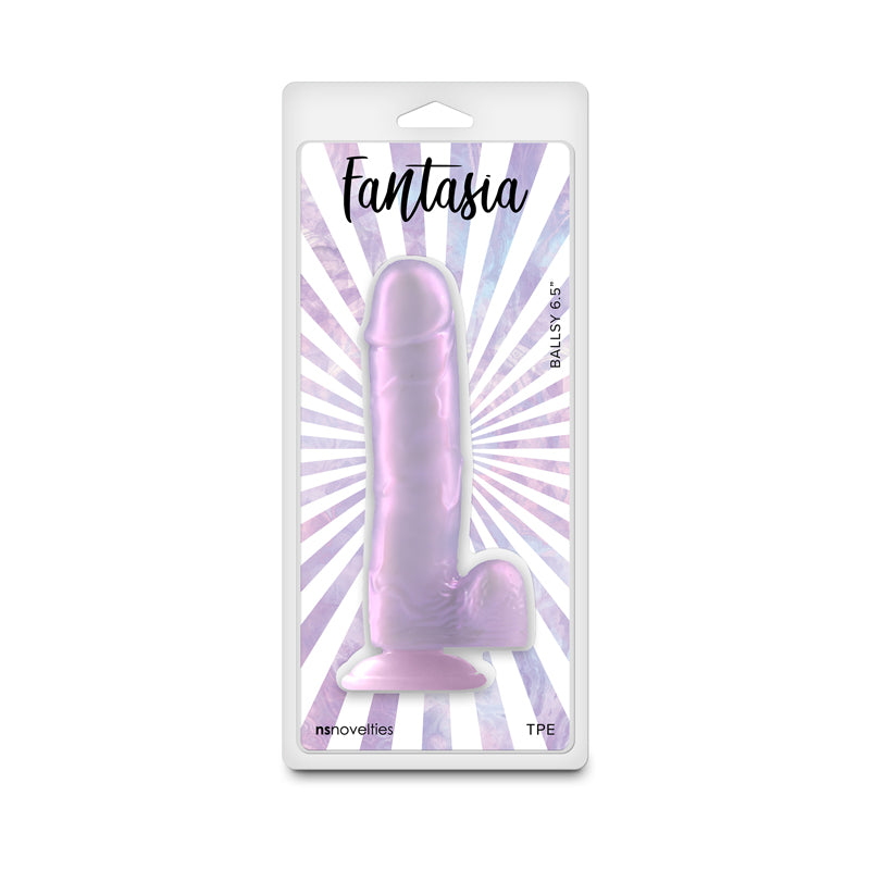 Fantasia - Ballsy 6.5'' - Orchid - Pearlescent  18.2 cm Dildo in packaging with pink tones and vibrant design.