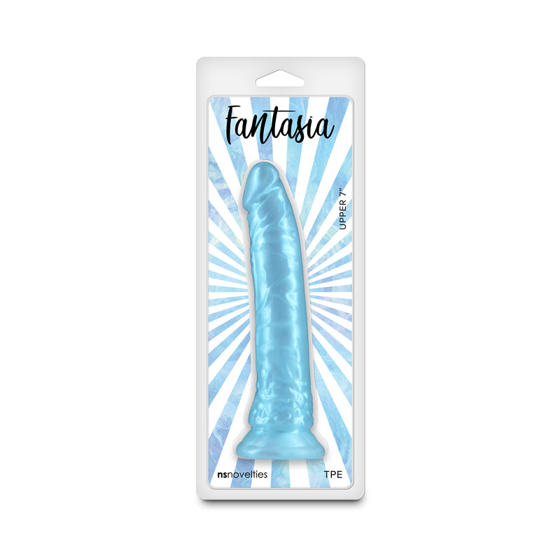 Fantasia - Upper 7'' - Turquoise - Pearlescent 20.5 cm Dildo packaging on a blue starburst background.