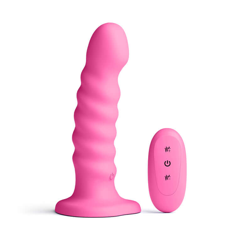 USB rechargeable vibrating dildo in pink, ribbed design with a wireless remote for enhanced pleasure.