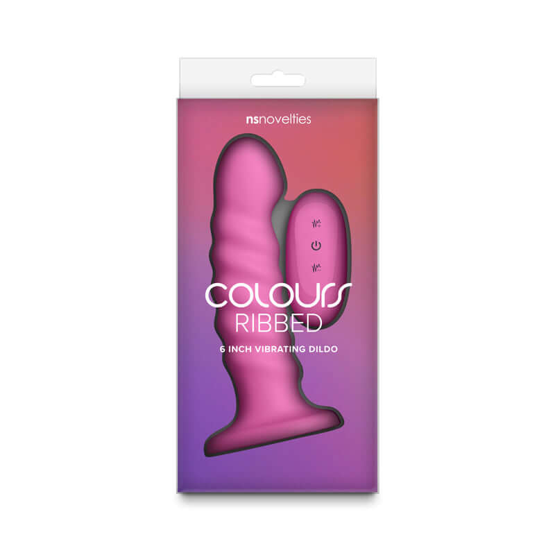 Colours Ribbed 6'' Vibrating Dildo packaging showcasing a USB rechargeable vibrating dildo with ribbed design.