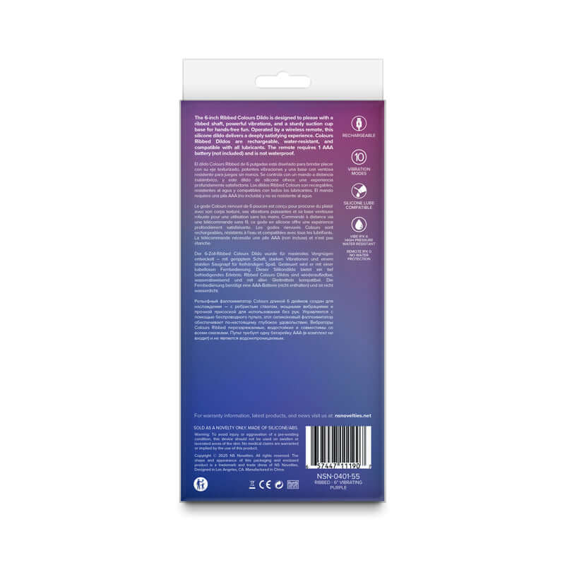 Packaging of the Colours Ribbed - 6'' Vibrating Dildo, featuring product details and instructions.