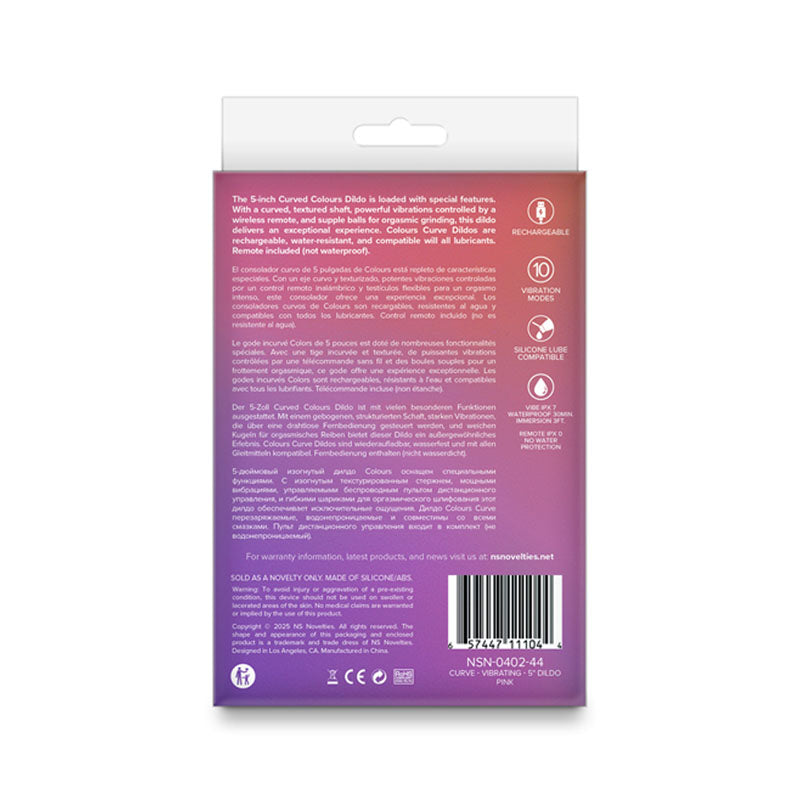 Colours Curve - Vibrating 5'' Dildo -  -  12.6 cm USB Rechargeable Vibrating Dildo with Wireless Remote back packaging.