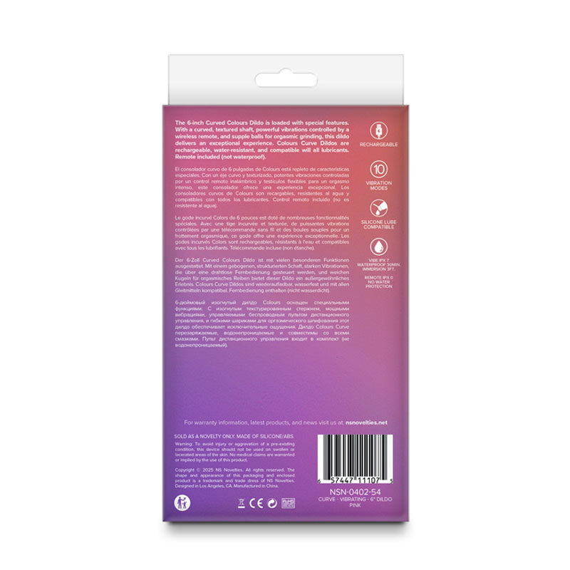 Colours Curve - Vibrating 6'' Dildo -  -  16.4 cm USB Rechargeable Vibrating Dildo with Wireless Remote packaging details