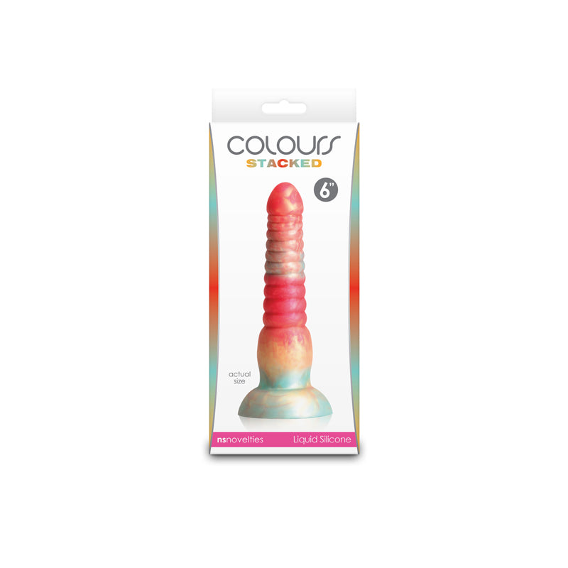 Colours Stacked - 6'' Dildo - Red/Gold - Red/Gold 16 cm Fantasy Dildo packaging with tri-coloured design.