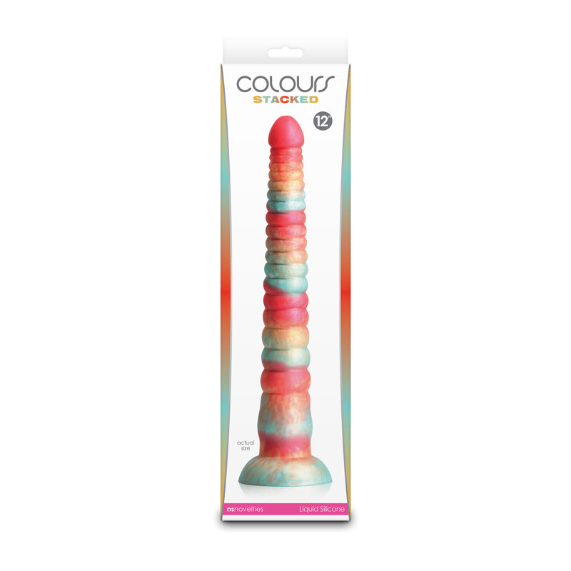 Colours Stacked - 12'' Dildo - Red/Gold - Red/Gold 30.6 cm Fantasy Dildo in packaging, featuring tri-coloured silicone.