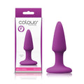 Colours Pleasures - Purple Mini Butt Plug displayed with packaging, featuring satin smooth silicone material.