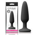 Colours Pleasures - Black Small Butt Plug displayed with packaging, made of satin smooth silicone, adult novelty.