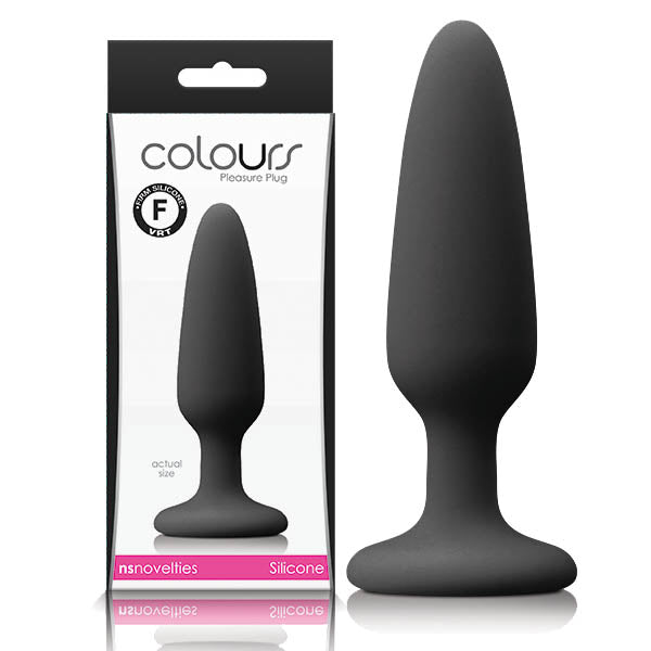 Colours Pleasures - Black Small Butt Plug displayed with packaging, made of satin smooth silicone, adult novelty.