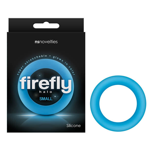 Firefly Halo - Glow In Dark  Small 50 mm Cock Ring packaging with a blue silicone ring.