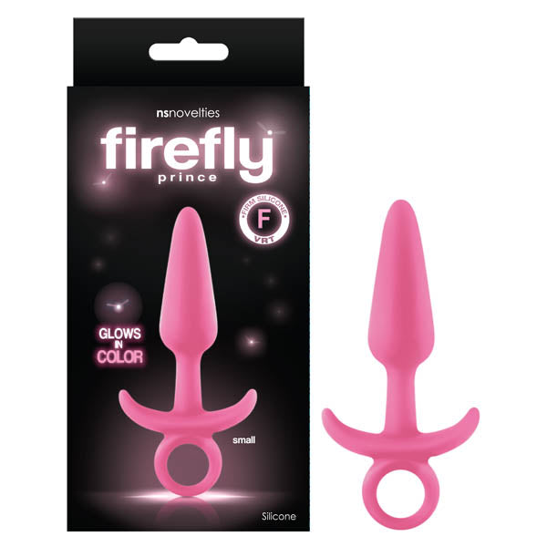 Firefly Prince - Glow-in-Dark 10.9 cm Small Butt Plug with Ring Bull displayed in packaging, pink silicone design.