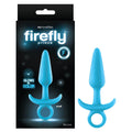 Firefly Prince - Glow-in-Dark 10.9 cm Small Butt Plug with Ring Bull in blue silicone packaging.