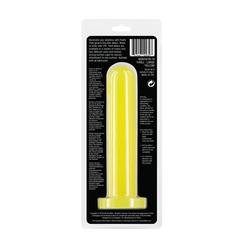 Firefly - Thrill -  - Large - Glow in Dark  19.3 cm Large Dildo in yellow packaging, highlighting features and dimensions.