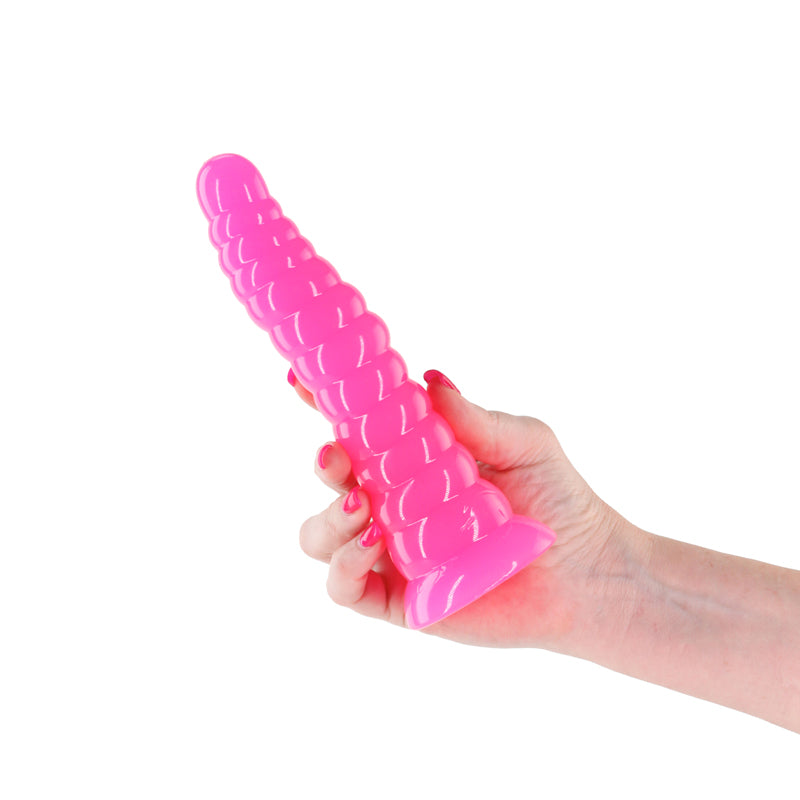 Firefly - Nymph -  - Glow in Dark  18.8 cm Dildo in hand, vibrant pink, playful and body-safe design.