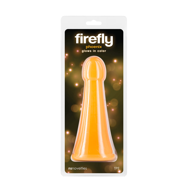 Firefly - Phoenix - Orange - Glow in Dark Orange 19.2 cm Dildo packaging, showcasing vibrant orange color and glow feature.