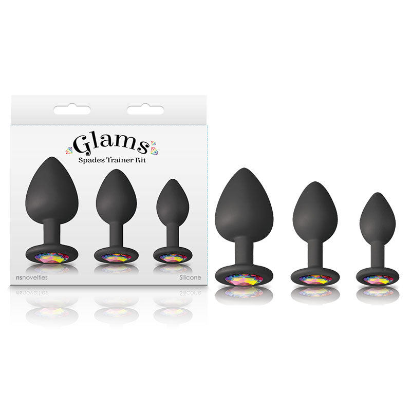 Glams Spades Trainer Kit - Butt Plugs with Gems - Set of 3 Sizes with elegant silicone design and rainbow gems.