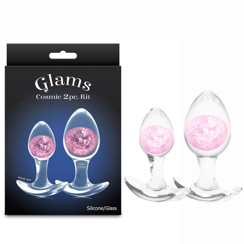 Glams Cosmic 2pc Kit -  - Clear/ Butt Plugs - Set of 2 Sizes featuring sparkly colors in silicone and glass.