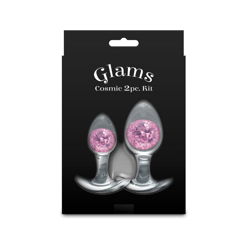 Glams Cosmic 2pc Kit -  - Clear/ Butt Plugs - Set of 2 Sizes showcasing pink sparkly plugs on black packaging.