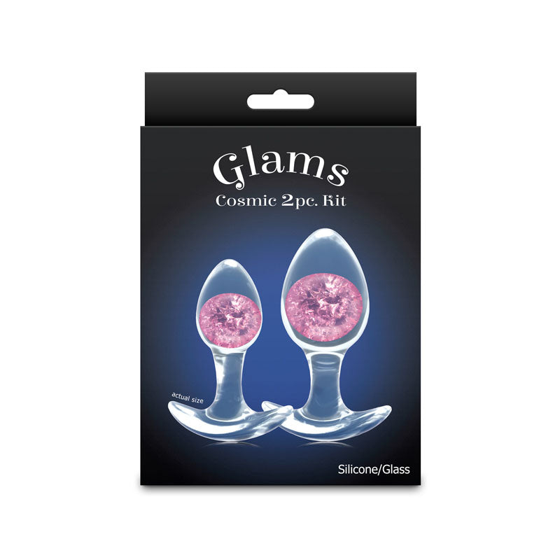 Glams Cosmic 2pc Kit -  - Clear/ Butt Plugs - Set of 2 Sizes packaging featuring vibrant glass marbles.