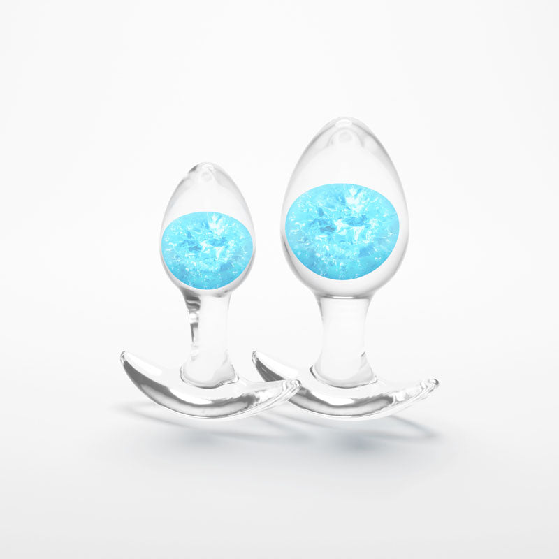 Glams Cosmic 2pc Kit -  - Clear/ Butt Plugs - Set of 2 Sizes featuring vibrant blue glass marbles.