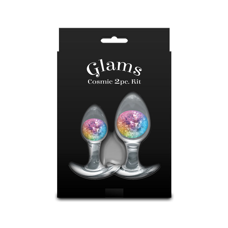 Glams Cosmic 2pc Kit - Rainbow - Clear/Rainbow Butt Plugs - Set of 2 Sizes in packaging.