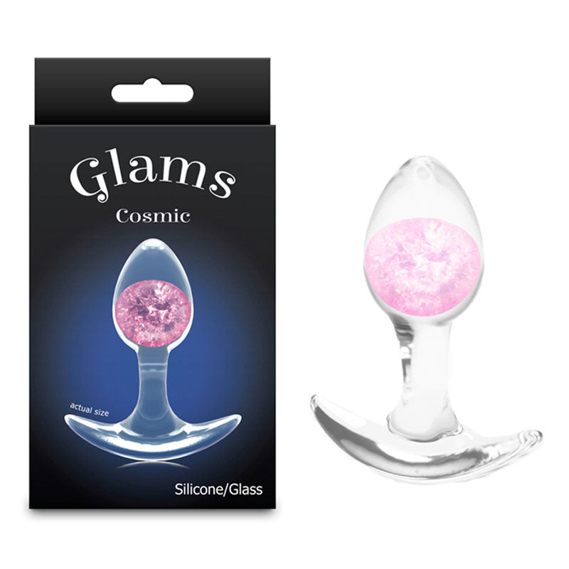 Glams Cosmic - Small -  - Clear/ 8.1 cm Small Butt Plug with pink glass marble and silicone base packaging.