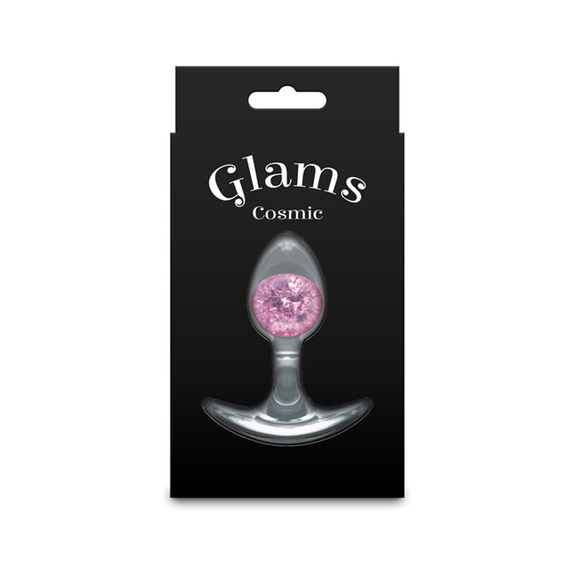 Glams Cosmic - Small -  - Clear/ 8.1 cm Small Butt Plug in packaging with pink sparkly marble.