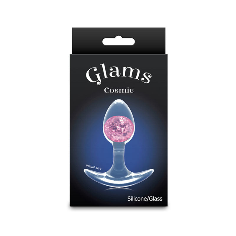 Glams Cosmic - Small -  - Clear/ 8.1 cm Small Butt Plug packaging featuring a sparkly glass marble.