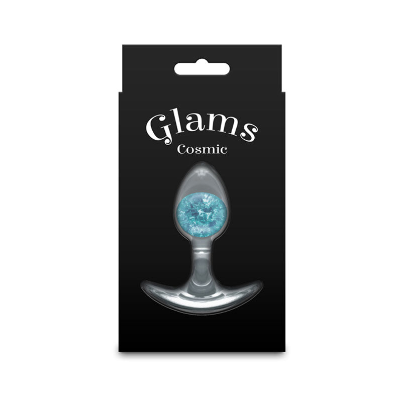Glams Cosmic - Small -  - Clear/ 8.1 cm Small Butt Plug packaging with a sparkly blue glass marble.
