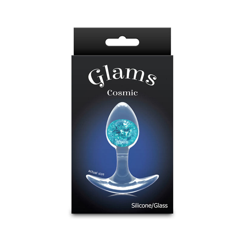 Glams Cosmic - Small -  - Clear/ 8.1 cm Small Butt Plug packaging with vivid internal glass marble.