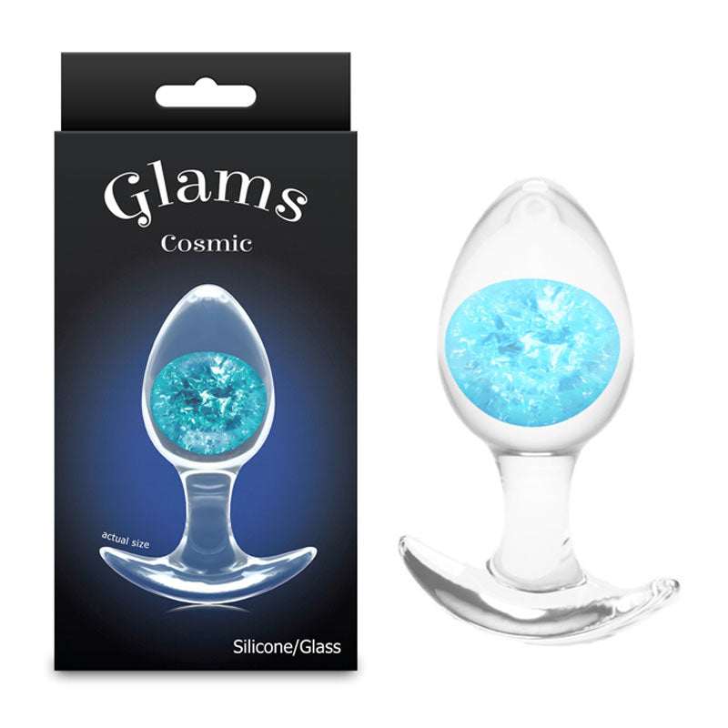Glams Cosmic - Medium -  - Clear/ 9.5 cm Small Butt Plug displayed with packaging, featuring blue glass marble and silicone material.