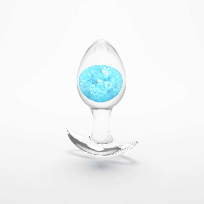 Glams Cosmic - Medium -  - Clear/ 9.5 cm Small Butt Plug with blue sparkly glass marble.