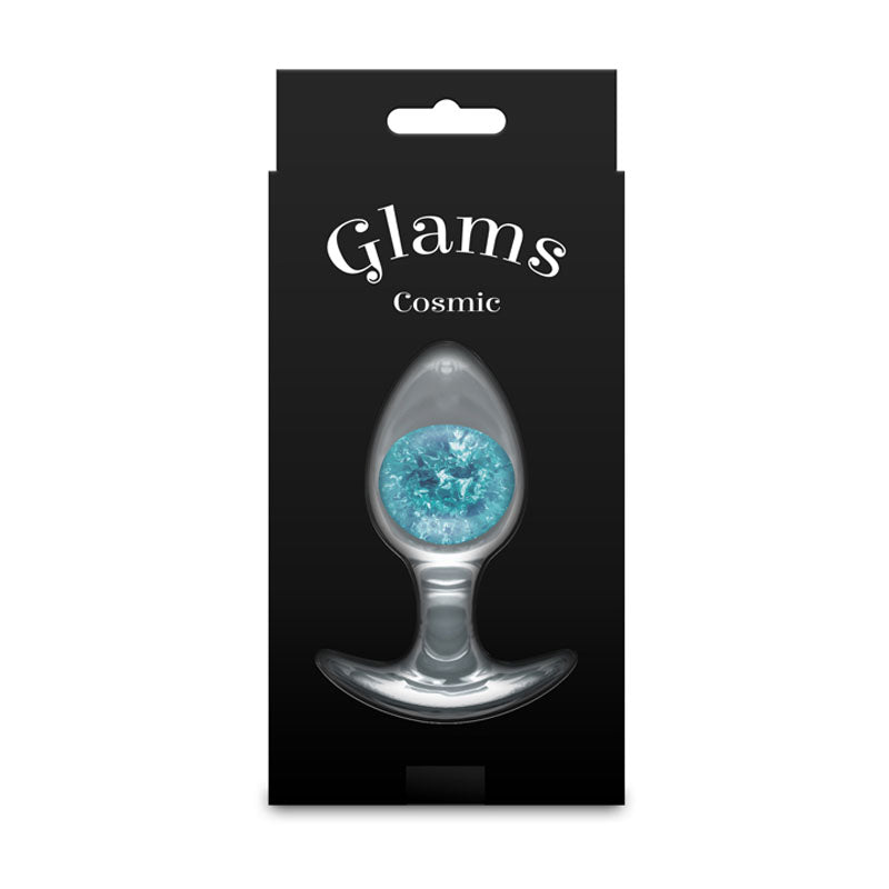 Glams Cosmic - Medium -  - Clear/ 9.5 cm Small Butt Plug packaging with vivid blue glass marble