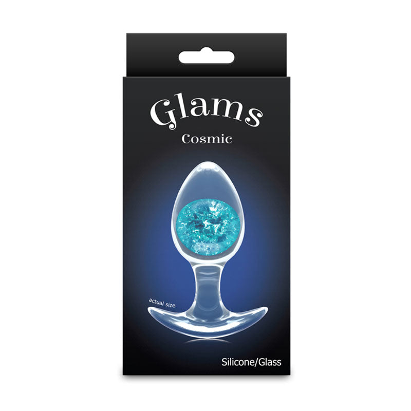 Glams Cosmic - Medium -  - Clear/ 9.5 cm Small Butt Plug packaging featuring a glittery blue marble.