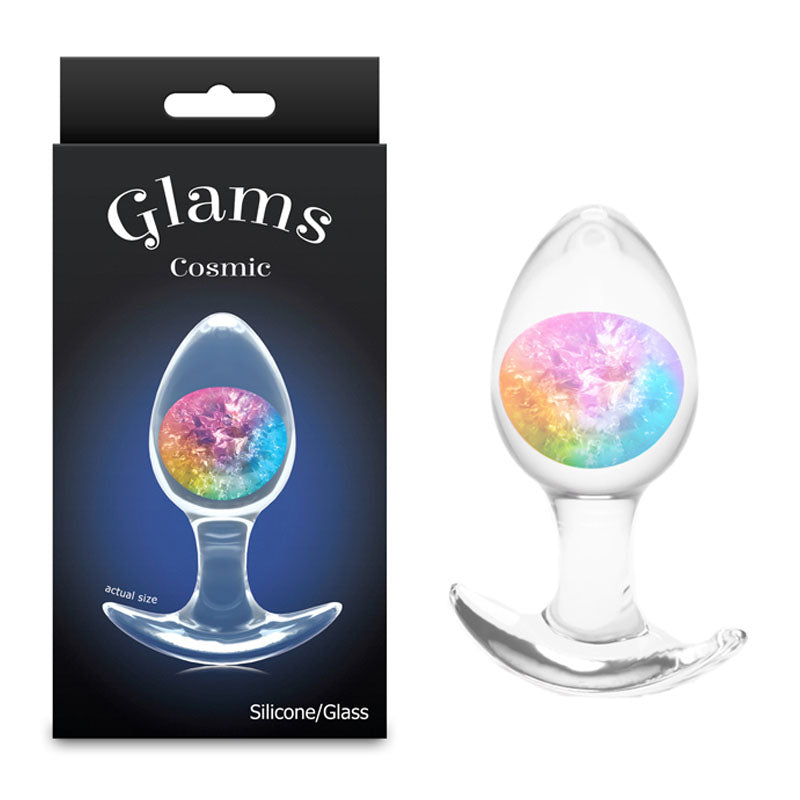 Glams Cosmic - Medium - Rainbow - Clear/Rainbow 9.5 cm Small Butt Plug displayed in packaging with a sparkly internal glass marble.