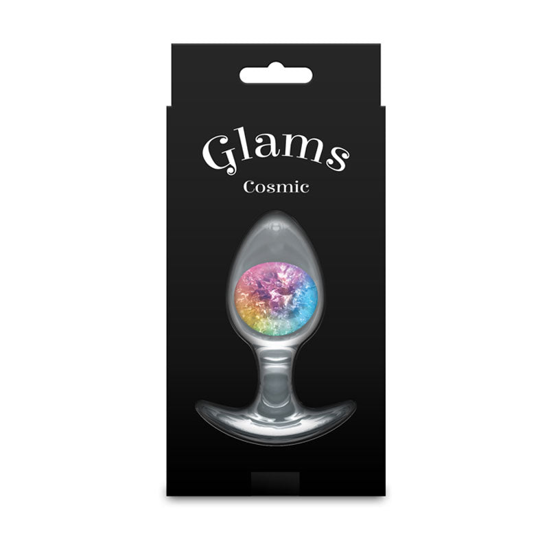 Glams Cosmic - Medium - Rainbow - Clear/Rainbow 9.5 cm Small Butt Plug packaging showcasing its vivid glass marble.