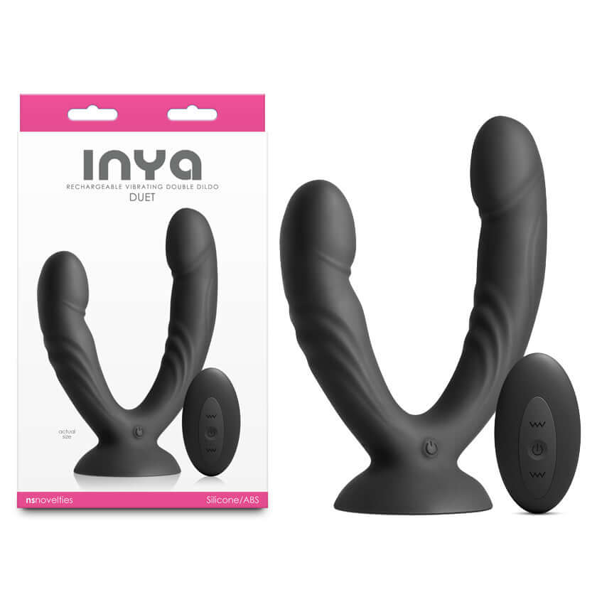 INYA Duet rechargeable vibrating double dildo with remote control in black silicone packaging.