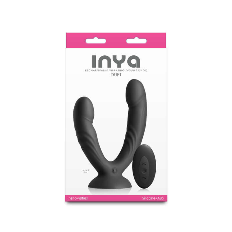 INYA Duet rechargeable vibrating double dildo packaging with silicone design and wireless remote.