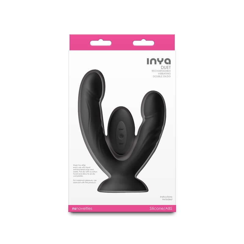 INYA Duet rechargeable vibrating double dildo packaging featuring a smooth black silicone design with remote control.