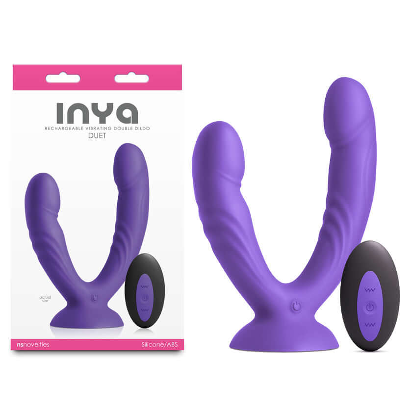 INYA Duet USB rechargeable vibrating double dildo with remote control in purple silicone.