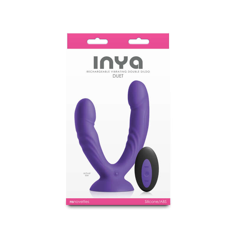 INYA Duet USB rechargeable vibrating double dildo packaging with remote control and smooth silicone design.