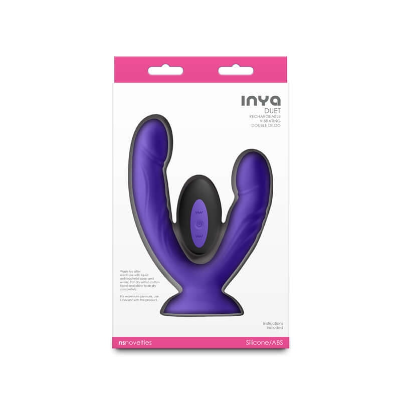 INYA Duet USB rechargeable vibrating double dildo packaging with purple design and remote control.