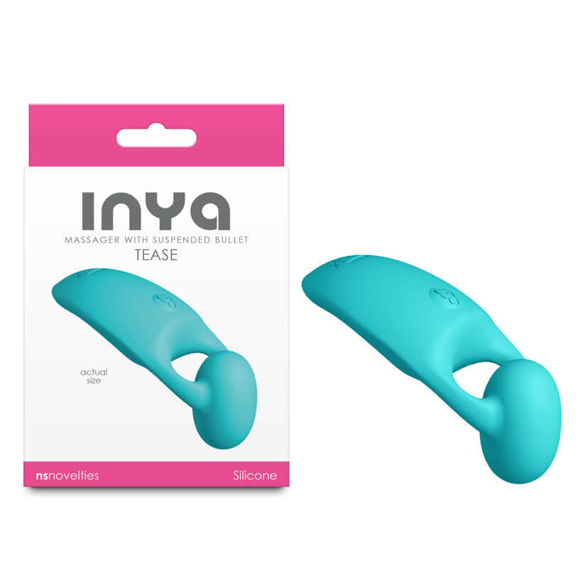 INYA Tease teal USB rechargeable finger stimulator packaging showing massager design and features.