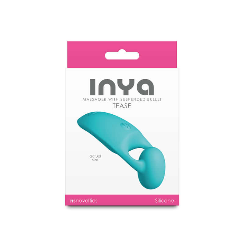 INYA Tease USB rechargeable finger stimulator in teal packaging featuring a suspended bullet design.